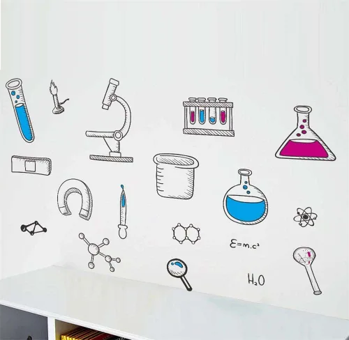 Miniatura 4 de Calcomanías de pared de laboratorio de ciencias al por mayor, calcomanías de vinilo para herramientas de elementos químicos para aula, dormitorio