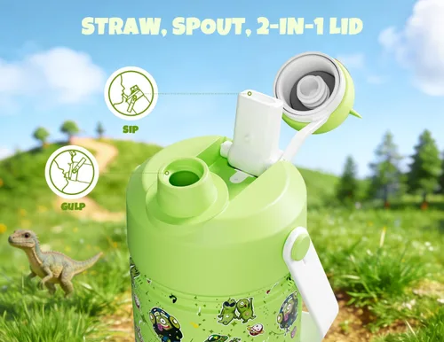 Miniatura 3 de POWCAN 12 oz Insulated Water Bottle for School: 2-in-1 Straw Spout Lid with Soft Animal Head, BPA-Free, Leakproof, Keep Cold 24H, Easy Carry