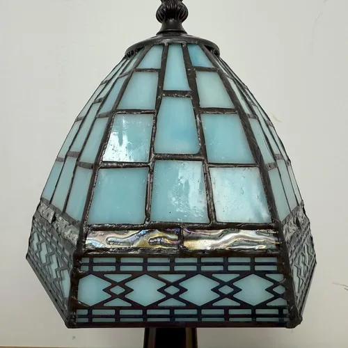 Miniatura 8 de Lámpara de Mesa Pequeña Estilo Tiffany, 3 Temperaturas de Color Rejilla Azul Lámparas de Mesa de Vidrio Emplomado, Luz Nocturna de Mesita de Noche