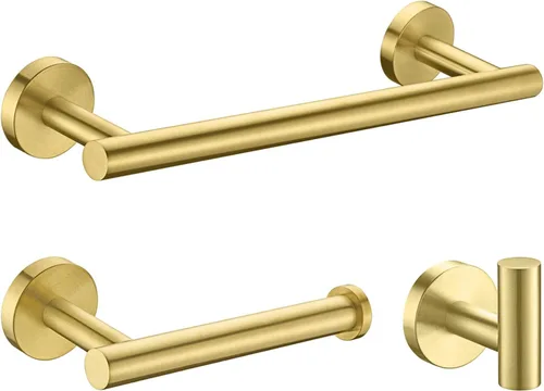 Nolimas Juego de 3 piezas de accesorios de baño de oro cepillado SUS304 de acero inoxidable redondo montado en la pared, incluye barra de toalla de