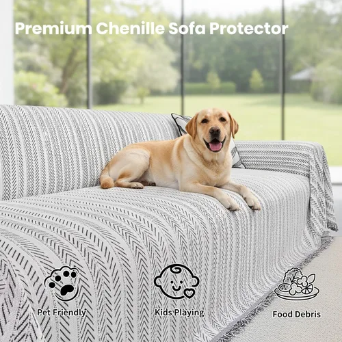 Miniatura 5 de Funda de sofá de felpilla antideslizante lavable para mascotas, funda de sofá con borlas, protector de muebles para sala de estar, color beige, 71 x