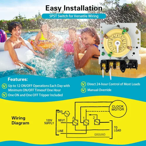 Miniatura 5 de Interruptor de temporizador mecánico T101, 120 V 40 A SPST, 2 HP para temporizador de luz exterior, calentador de agua, HVAC y bomba de piscina, 12