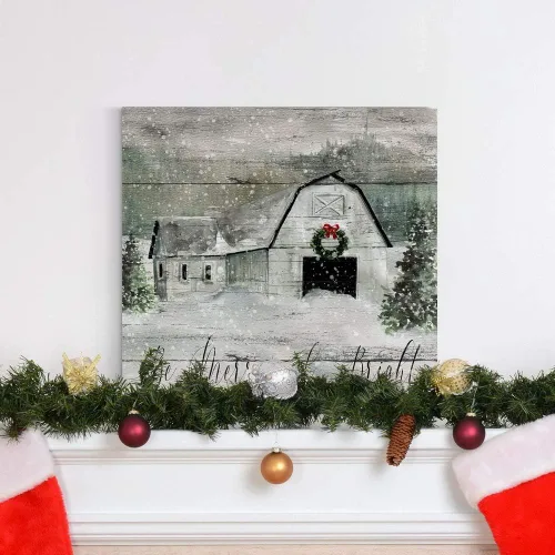 Miniatura 3 de Renditions Gallery Arte de pared "Be Merry and Bright", lindo arte navideño e invernal, granero festivo, aspecto de madera falsa, decoración