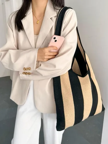 Miniatura 5 de ENBEI Bolsos de mano estéticos Bolsos de hombro Bolsos de mano de ganchillo Bolsos grandes Bolso de compras de hombro bolso grande bolso lindo Rayas