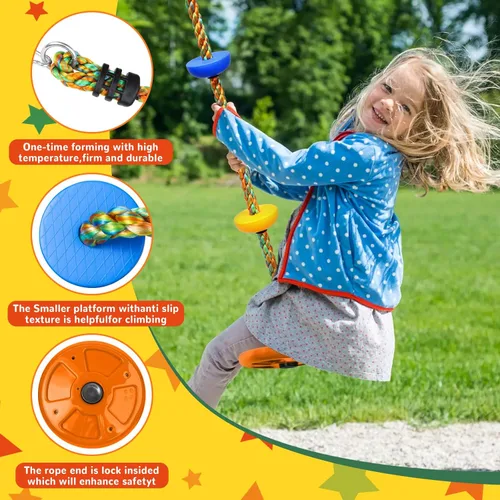 Miniatura 4 de Columpio de árbol para niños, juego de cuerda de escalada de asiento de un solo disco resistente con correa para colgar y mosquetones de plataforma