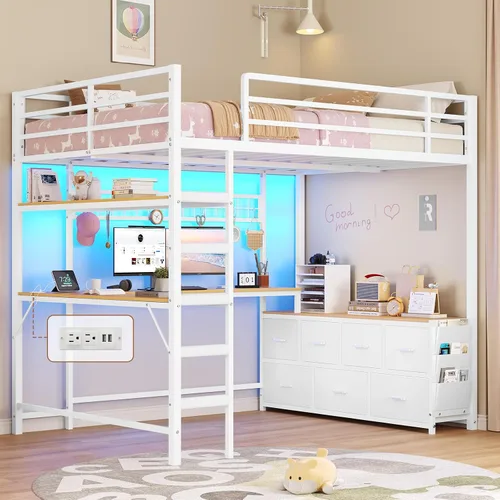 Miniatura 10 de DICTAC Cama alta individual con escritorio en forma de L, luces LED, estación de carga LED de metal para niños, cama tipo loft tamaño individual