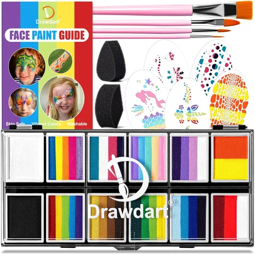 Drawdart Kit profesional de pintura facial para niños y adultos, paleta de pintura facial Split Cake 12 x 10gm con plantilla, juego de pintura
