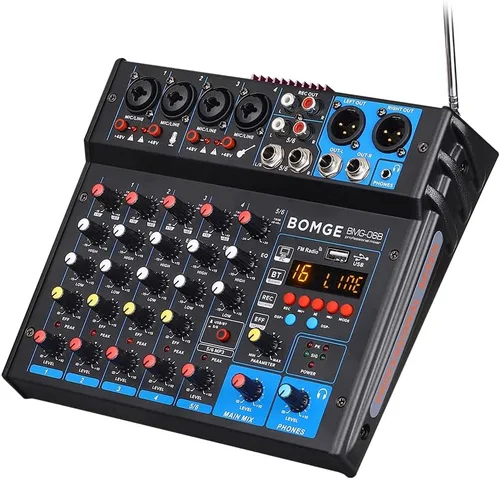 BOMGE Amplificador mezclador de sonido de audio alimentado por dj de 6 canales, altavoz estéreo de 100 W, efectos de receptor de audio para el