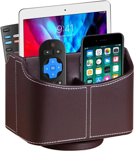 Miniatura 10 de Organizador para control remoto giratorio de 360°, organizador de control remoto de TV de piel sintética con cesta de almacenamiento de 5