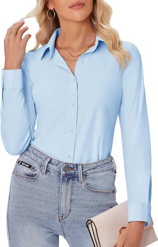 Miniatura 27 de siliteelon Camisas con botones para mujer, ajustadas, de manga larga, elásticas, de vestir, camisas de trabajo, sin arrugas, blusas de oficina