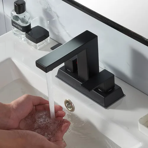 Miniatura 6 de KINGO HOME Grifo central de baño negro de 2 asas, grifo de lavabo de baño negro mate de 4 pulgadas, grifos de tocador modernos para fregadero, grifo