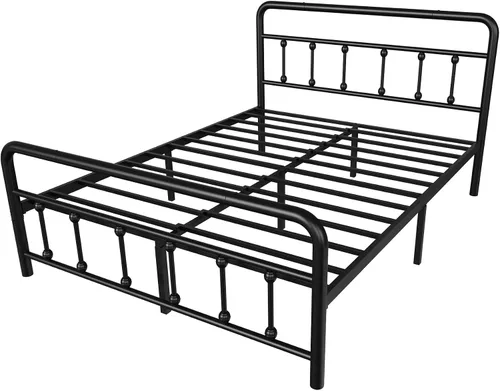 Miniatura 8 de Flolinda Base de cama clásica de plataforma metálica de tamaño matrimonial con estilo victoriano, marco de cama matrimonial con listones de acero