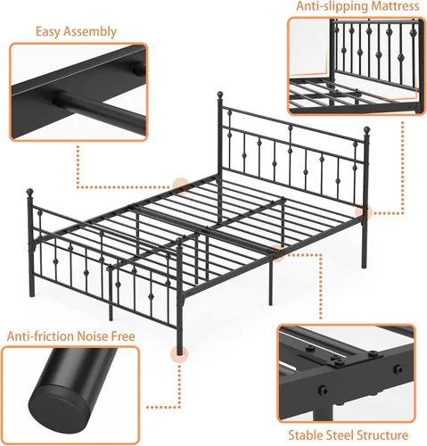 Miniatura 5 de Weehom Base de cama de tamaño matrimonial con cabecero y estribo, plataforma de metal, marco de cama debajo de la cama, diseño moderno para niños