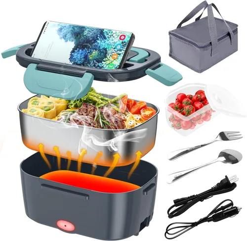 CHARMDOO Fiambrera Eléctrica, Calentador de Alimentos 12V 24V 110V, 80W Fiambrera de Calentamiento Más Rápido para Coche/Camión/Casa, Cajas de