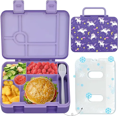 Miniatura 12 de Fiambrera Bento para niños con paquete de hielo, caja Bento a prueba de fugas de 5 compartimentos con utensilios, capacidad de 5.5 tazas