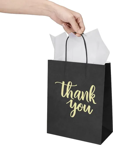 Miniatura 7 de DjinnGlory Paquete de 50 bolsas de papel de agradecimiento negras de tamaño mediano con asas de 10 x 8 x 4 pulgadas y papel de seda blanco para Negro