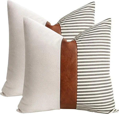Miniatura 16 de Cygnus - Juego de 2 fundas de almohada de 16 x 16 pulgadas hechas de lino y de la unión de distintas telas con diseño de rayas para decoración Negro