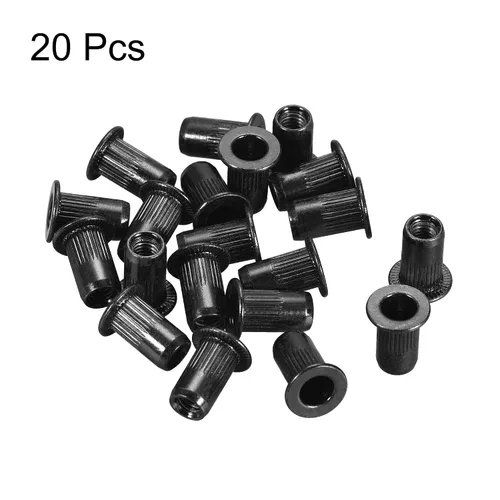 Miniatura 4 de uxcell Tuercas de remache M4 de acero al carbono chapadas en zinc moleteado cabeza plana roscada tuerca de inserción negra 20 piezas