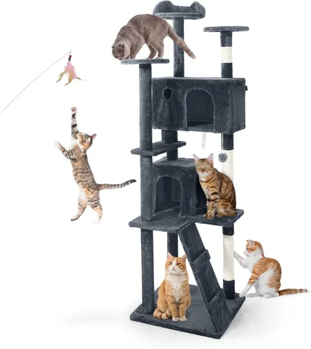 CAPHAUS Torre para Gatos de Interior con Juguete de Varita para Gatos, Moderno y Lindo Árbol para Gatos de 74 Pulgadas con Percha Ampliada para Gris