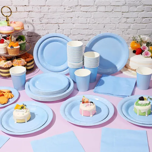 Miniatura 4 de Tioncy 200 platos de papel desechables azules y servilletas, suministros para fiesta de graduación para 50 invitados, juego de vajilla de papel