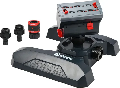 Eden 94125 Mini aspersor oscilante turbo ajustable de 4 vías con juego de inicio de conexión rápida, 16 boquillas, cubre hasta 4,069 pies cuadrados