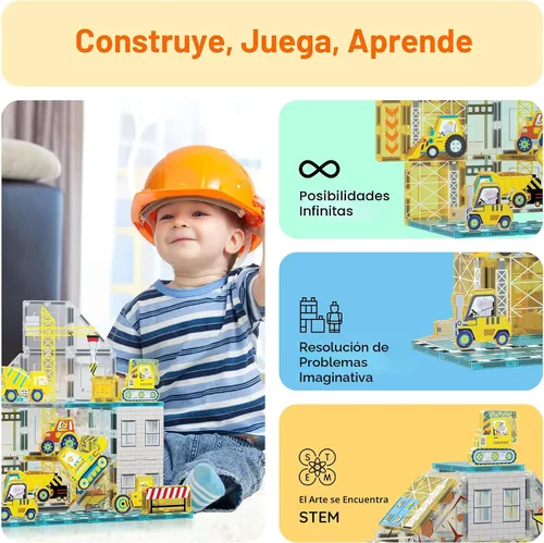 Miniatura 4 de PicassoTiles Bloques Magnéticos de Construcción con 8 Vehículos de Construcción: Camión Grúa, Excavadora, Bulldozer, Rodillo Compactador, Mezcladora
