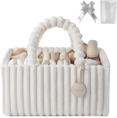 Blissful Diary Organizador de pañales de franela, embalaje de regalo incluido, cesta de almacenamiento acogedora para guardería, regalo para baby