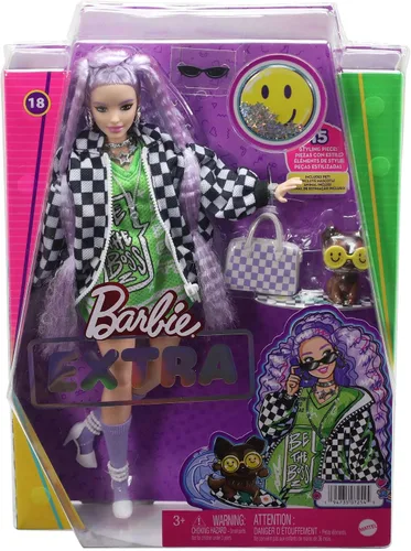 Miniatura 6 de Barbie Muñeca extra y accesorios con pelo lavanda rizado y ojos marrones, 15 piezas de juguete incluyen cachorro de mascota