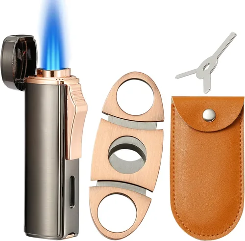 Juego de Cortador y Encendedor Antorcha de Acero al Carbono 420, Perforador Integrado, Encendedor de Butano de Llama Triple Jet, Encendedor de Gas