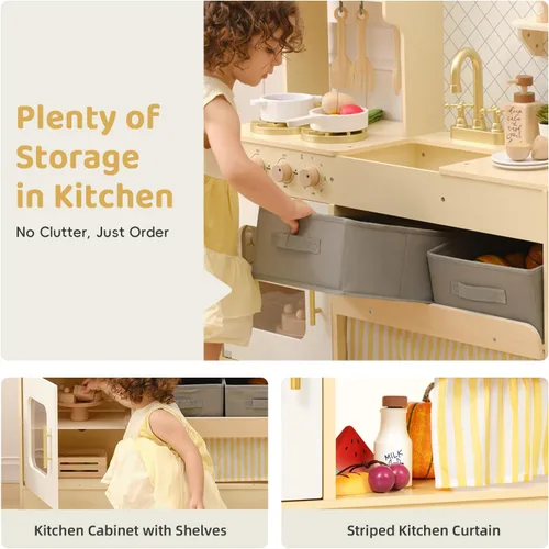 Miniatura 6 de OOOK Juego de cocina de madera con sistema de almacenamiento, cocina para niños con muchas características de juego, juego de cocina para niños
