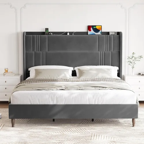 Miniatura 11 de Base de cama tamaño Queen con cabecera alta, plataforma tapizada de 52 pulgadas con estación de carga, marco de cama de terciopelo de lujo, cabecera