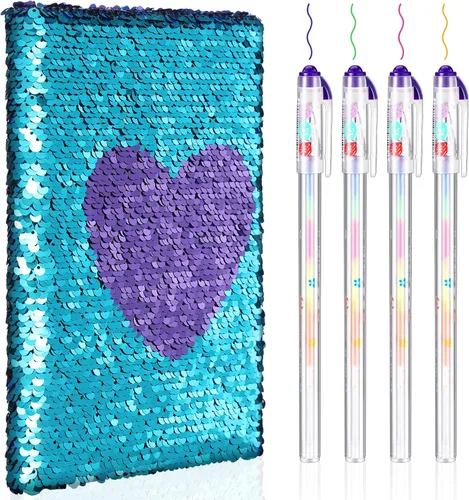 Miniatura 9 de Outus Diario de San Valentín con lentejuelas para niñas, 4 unidades, con bolígrafos de tinta de gel de color, cuaderno con purpurina, diario