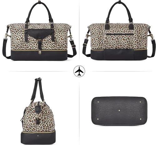 Miniatura 7 de CLUCI Bolsa de fin de semana para mujer, de cuero, grande, con compartimento para zapatos, Patrón de leopardo con negro