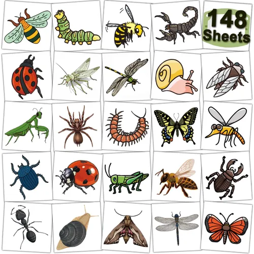 CHARLENT 148 hojas individuales de tatuajes temporales de insectos para niños, tatuajes de insectos para niños, suministros de fiesta de cumpleaños,