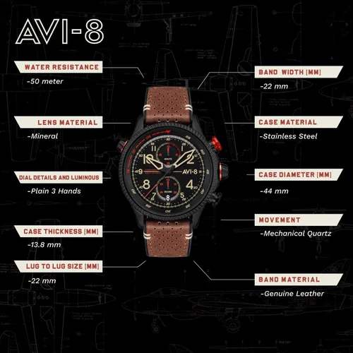 Miniatura 5 de AVI-8 Mens 43mm Hawker Hunter Duke Chronograph Japanese Meca-Quartz Pilot Watch with Leather Strap AV-4080