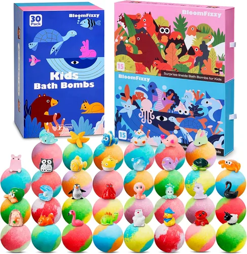 30 bombas de baño para niños con sorpresa en el interior, juego de regalo con 30 juguetes únicos de animales terrestres y marinos, bombas de baño