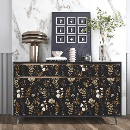 Miniatura 3 de Fvlow Papel Tapiz Floral Negro Despegar y Pegar Papel de Contacto Hoja Dorada Papel Tapiz de Hojas Impermeable Autoadhesivo Revestimiento de Pared