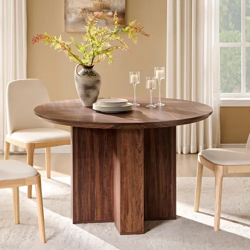 Miniatura 9 de OKD Mesa de comedor redonda de madera moderna de 47 pulgadas para 4, mesa de comedor con base de pedestal cruzada estable y mesa gruesa, mesa
