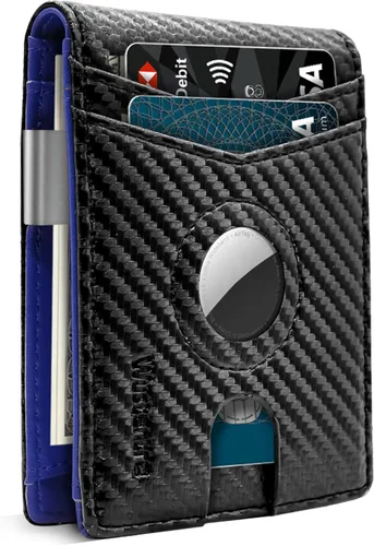 Wustentre Soporte para cartera AirTag con clip para dinero, cartera con etiqueta de aire, cartera minimalista de cuero de carbono con bloqueo RFID,