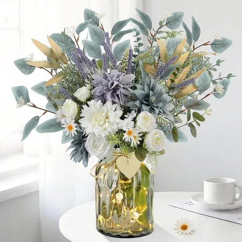 Miniatura 9 de Flores falsas en jarrón, arreglo de flores artificiales azul polvoriento en jarrón, centros de mesa florales falsos para cocina, granja, mesa