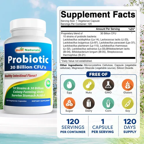 Miniatura 2 de Best Naturals Probiotic 10 cepas 30 mil millones de almacenamiento estable 120 cápsulas vegetales (120 unidades (paquete de 3))