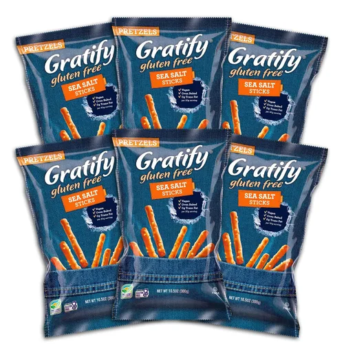 Gratify Palitos de pretzel sin gluten – Bolsas de pretzel GF, mezcla sin gluten para adultos y niños, salsa de humus, paquetes individuales, aptas