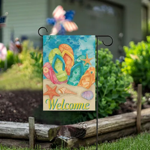Miniatura 6 de Bandera para casa con diseño de sandalias, 28 x 40 pulgadas, doble cara, diseño tropical de estrella de mar, conchas y arena, letrero de bienvenida