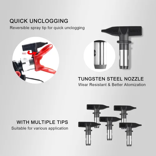 Miniatura 4 de AEROPRO Tools Pistola pulverizadora de pintura sin aire con 5 puntas de pulverización y 10 filtros, junta giratoria de alta presión de 3600 PSI, kit