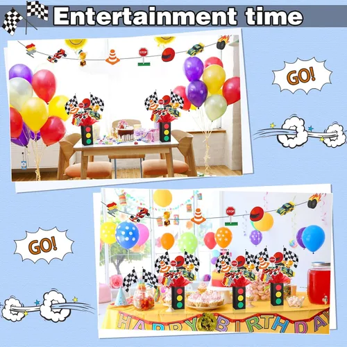 Miniatura 5 de 12 juegos de decoración de fiesta de cumpleaños de autos de carreras, centros de mesa para mesas con cajas de tráfico, decoración temática de baby