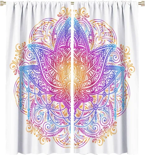 Cortina de mandala, colorido, bohemio, arte étnico, diseño de loto, estampado opaco, bolsillo para barra, cortinas de ventana para dormitorio, sala