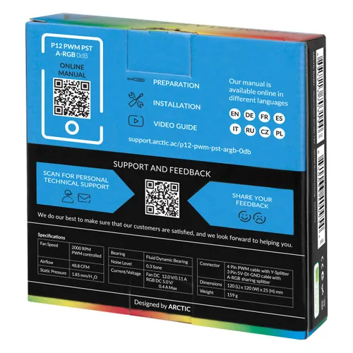 Miniatura 6 de ARCTIC P12 PWM PST A-RGB - Ventilador de PC, ventilador de caja PWM de 120mm optimizado para presión estática, semi-pasivo: 200–2000 RPM