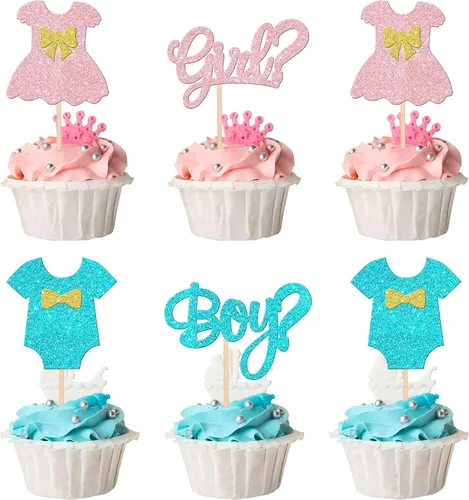 24 piezas de adornos para cupcakes para niños o niñas, con purpurina rosa o azul, overol para revelación de género, para baby shower, niños, niñas,