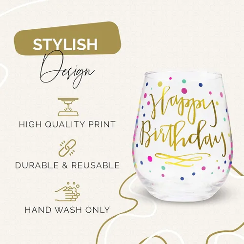 Miniatura 2 de Copa de vino de feliz cumpleaños para mujer, 22 onzas, sin tallo con estampado de confeti dorado, regalo para adultos, tazas de feliz cumpleaños