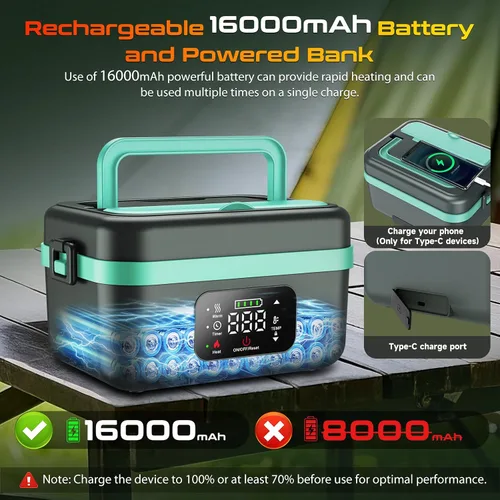 Miniatura 2 de Fiambrera eléctrica sin cable para almuerzo con calefacción para hombres, adultos y mujeres, batería recargable con calefacción automática